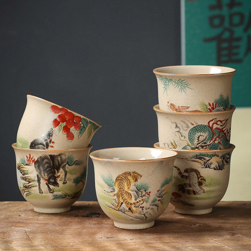 Tasse à thé en céramique avec 12 signes du zodiaque chinois | Tasse à thé Kung Fu 130 ml