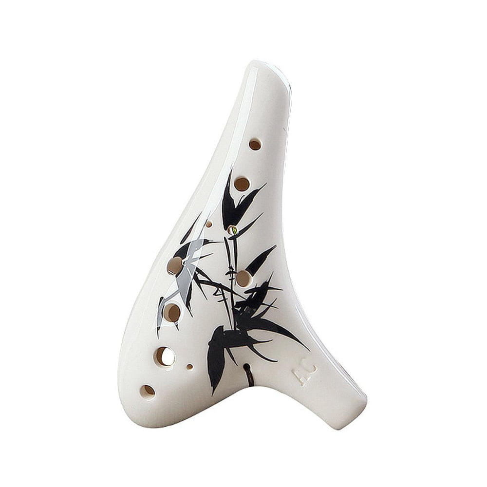 White ceramic ocarina with black bamboo leaf designs for beginners 12 Hole Alto C