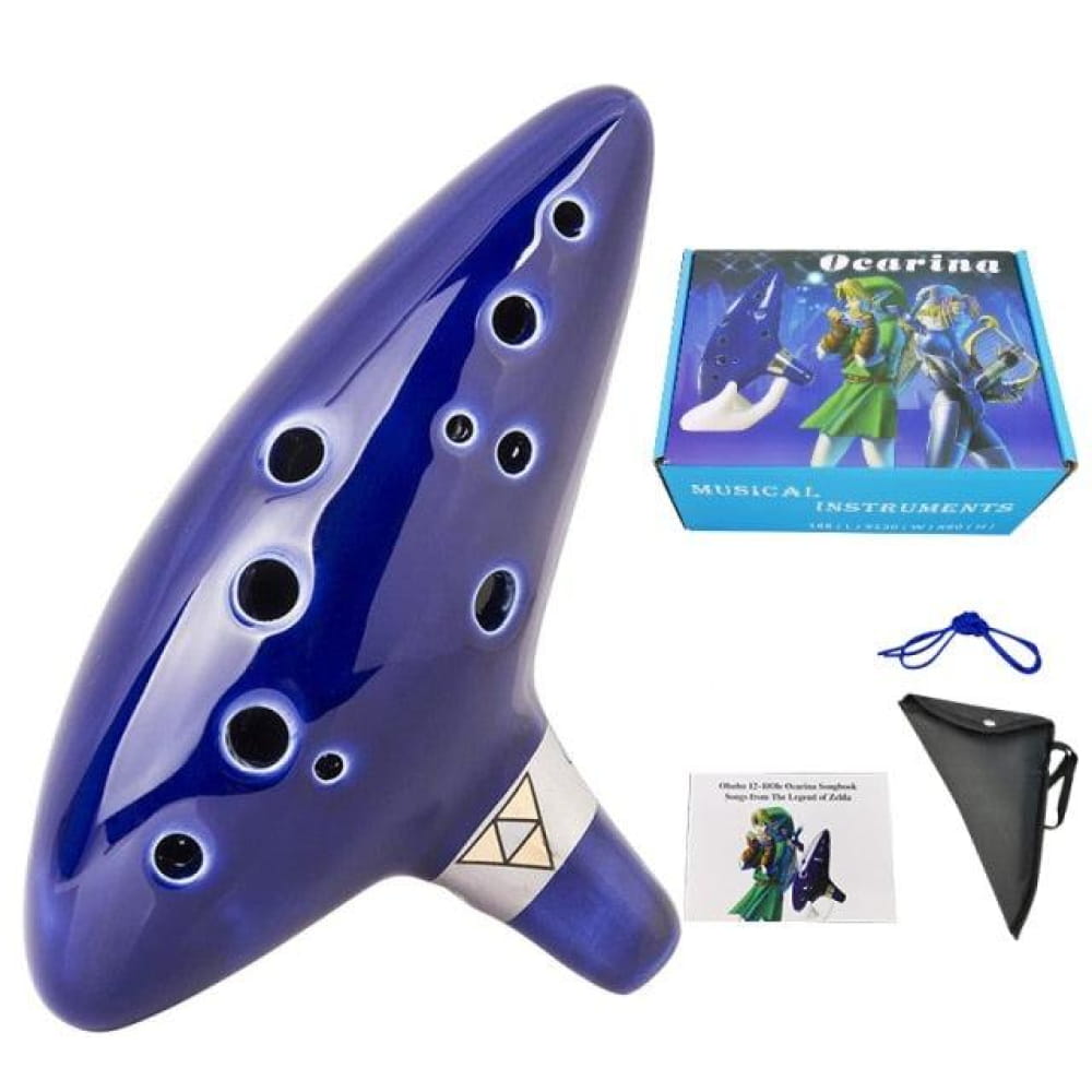Blue ceramic 12-Hole Alto C Ocarina Flute with Triforce symbol and finger holes