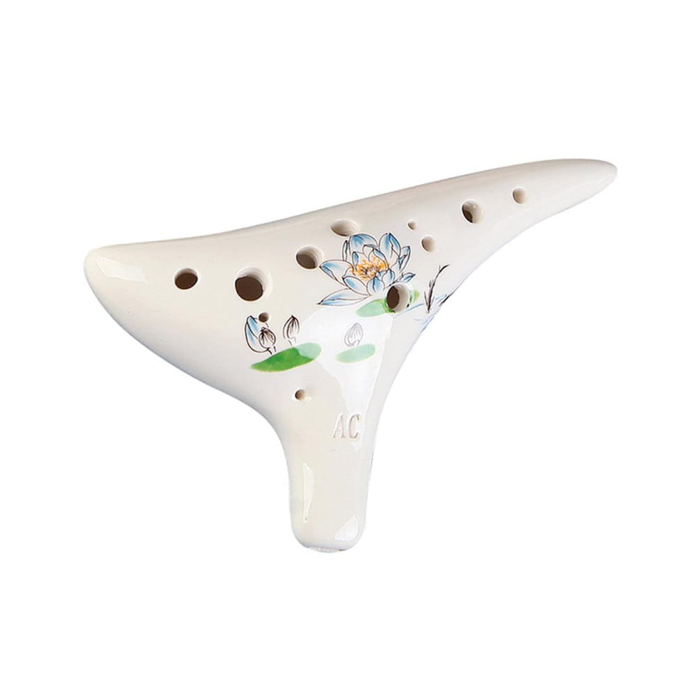 White ceramic 12 Hole Alto C Painted Ocarina with floral design and finger holes