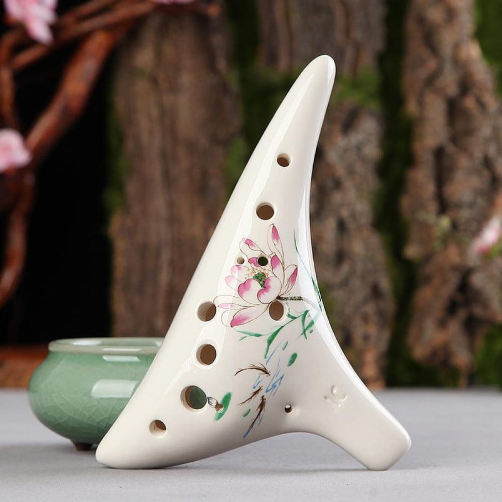 White ceramic 12 Hole Alto C Painted Ocarina with pink floral designs