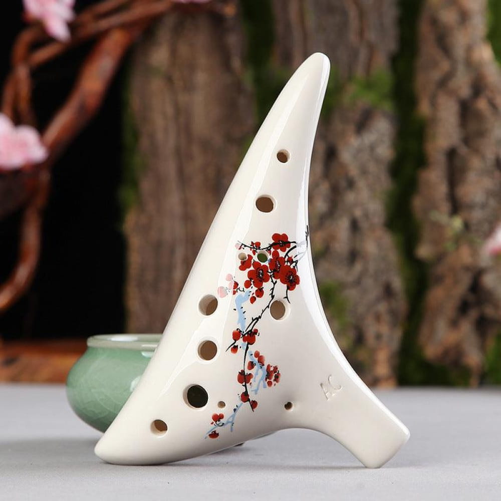 White ceramic 12 Hole Alto C Painted Ocarina with red floral designs