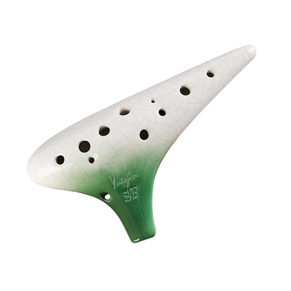 White and green ceramic 12 Hole Soprano Treble Ocarina Wind Instrument with finger holes
