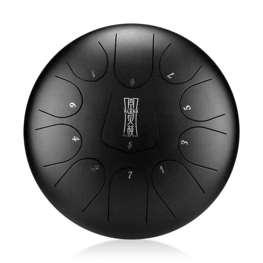 Black steel tongue drum with numbered tone zones and logo for 10-Inch Alloy Steel Tongue Drum