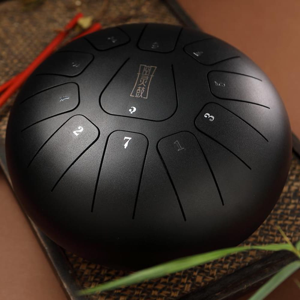 Black steel tongue drum with numbered tone sections in 12-Inch Carbon Steel design