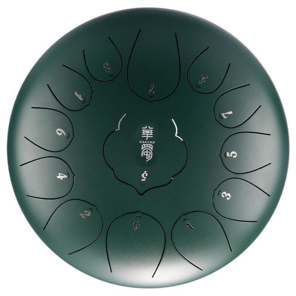 Dark green carbon steel tongue drum with numbered tone zones in circular design