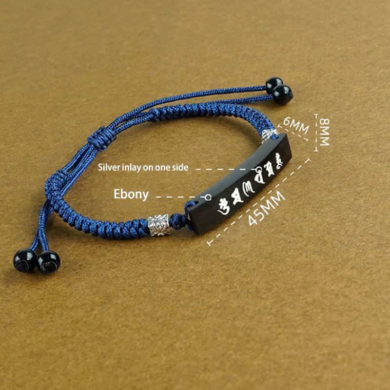 Bracelet de protection en bois d'ébène Om Mani Padme Hum incrusté d'argent