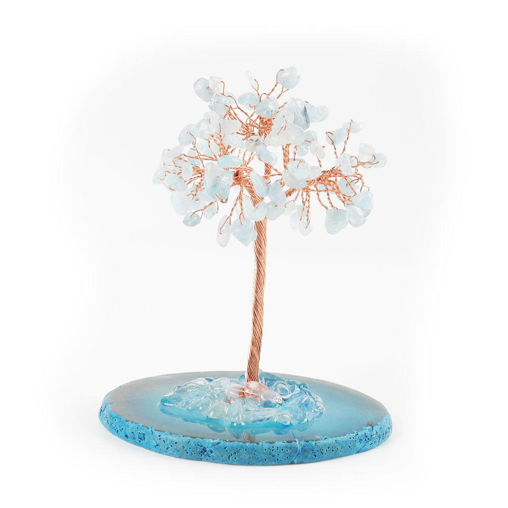 Arbre porte-bonheur aigue-marine de 12 cm avec base en agate, forme libre