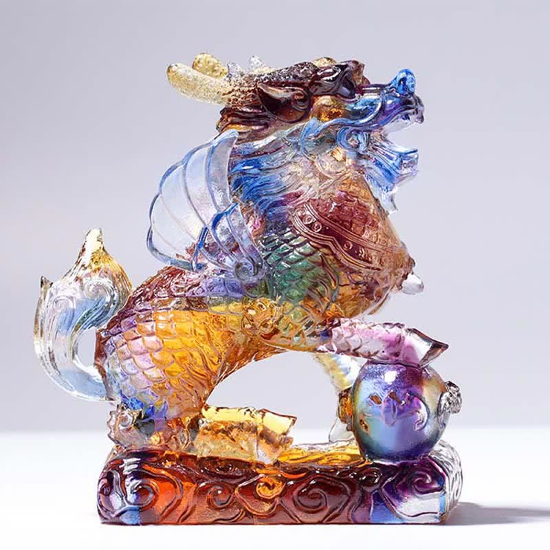Pièce d’art en cristal Liuli Feng Shui Kirin faite à la main