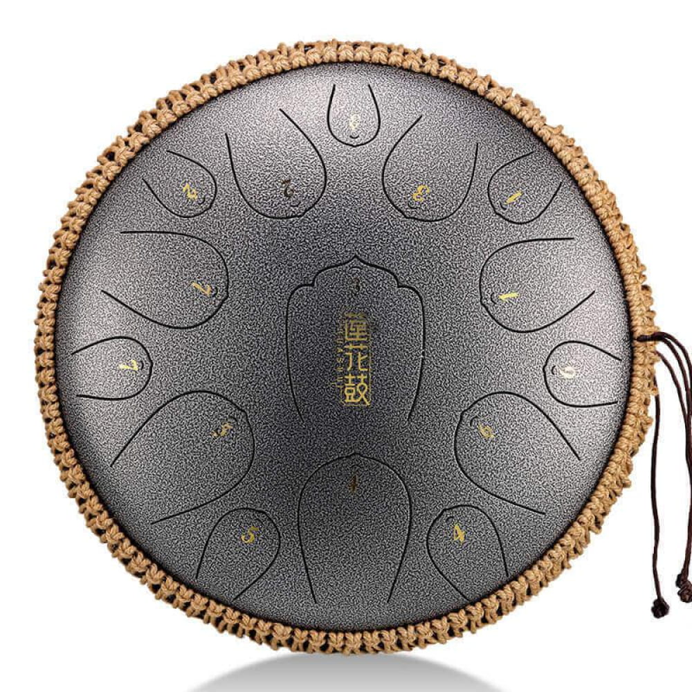 Steel Tongue Drum in D Key with petal-patterned tone fields, 13-inch carbon steel design