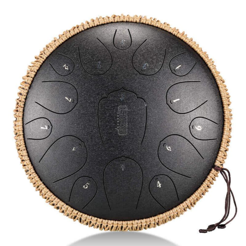 Black steel tongue drum with numbered tone fields and woven rope trim, 13-Inch, D Key