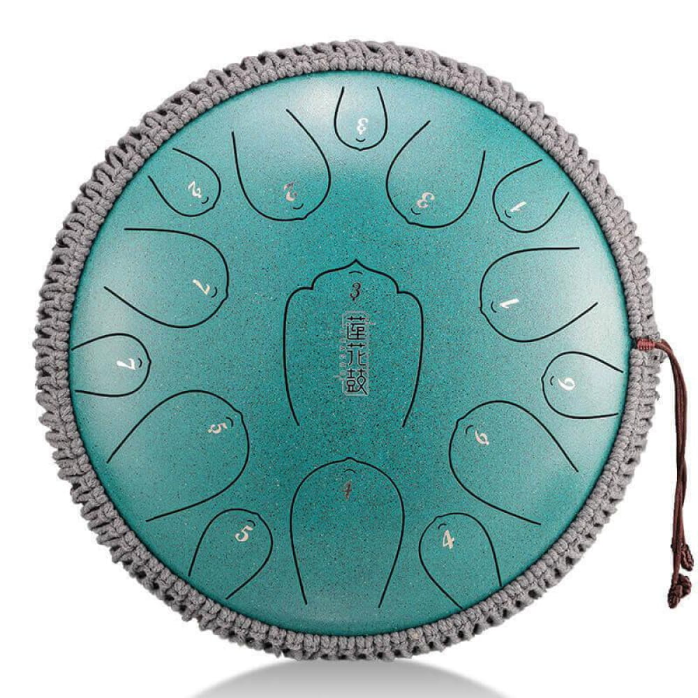 Turquoise Carbon Steel Tongue Drum with grey braided trim, 13-inch, 15 notes in D key