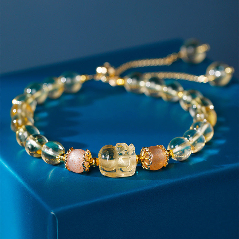 Bracelet de guérison Pixiu 6 mm avec aigue-marine, quartz fraise et améthyste