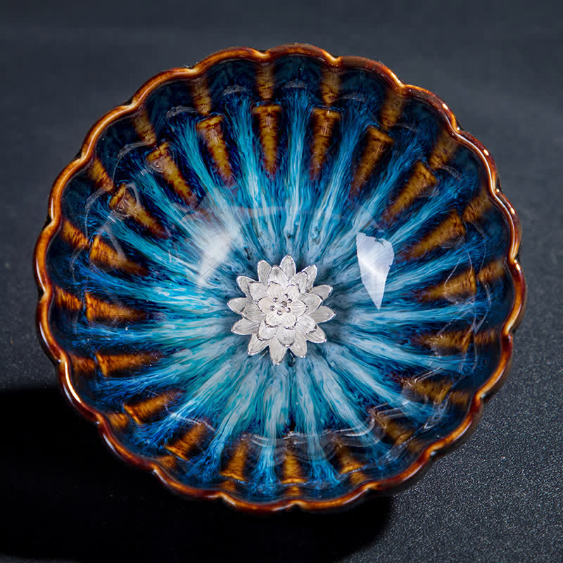 Tasse à thé en céramique Lotus Dragon de 130 ml avec incrustations de bon augure