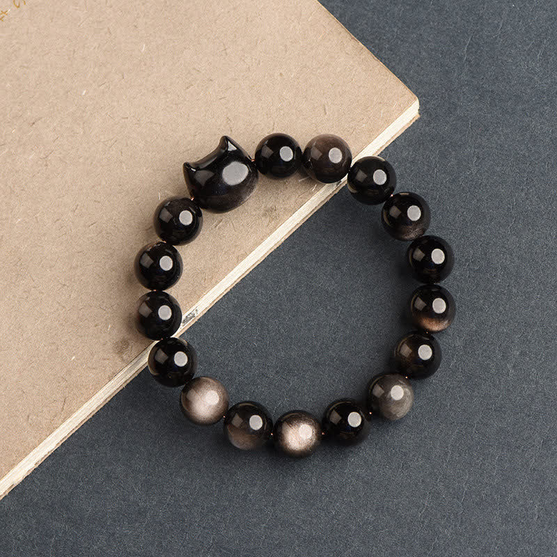 Gold Sheen Obsidian Lucky Cat Protection Bracelet 8mm