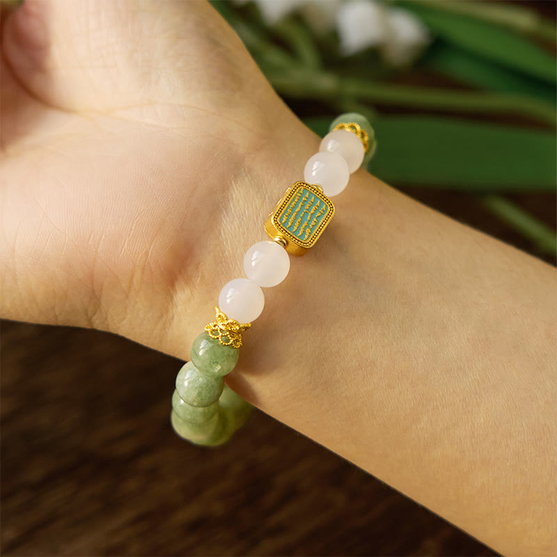 Bracelet d'abondance spirituelle en jade vert et agate blanche de 14 à 16 cm