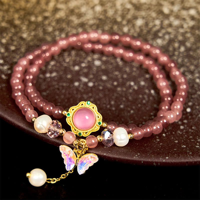 Bracelet double tour en quartz fraise 14-16 cm
