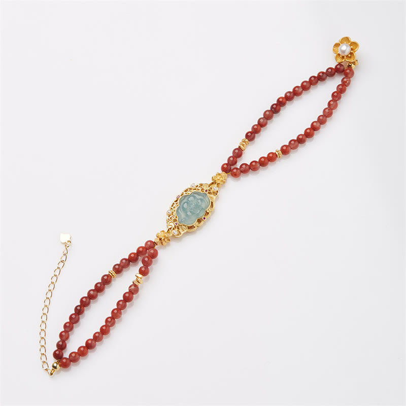 Bracelet double couche calme en agate rouge et jade lotus 14-18 cm