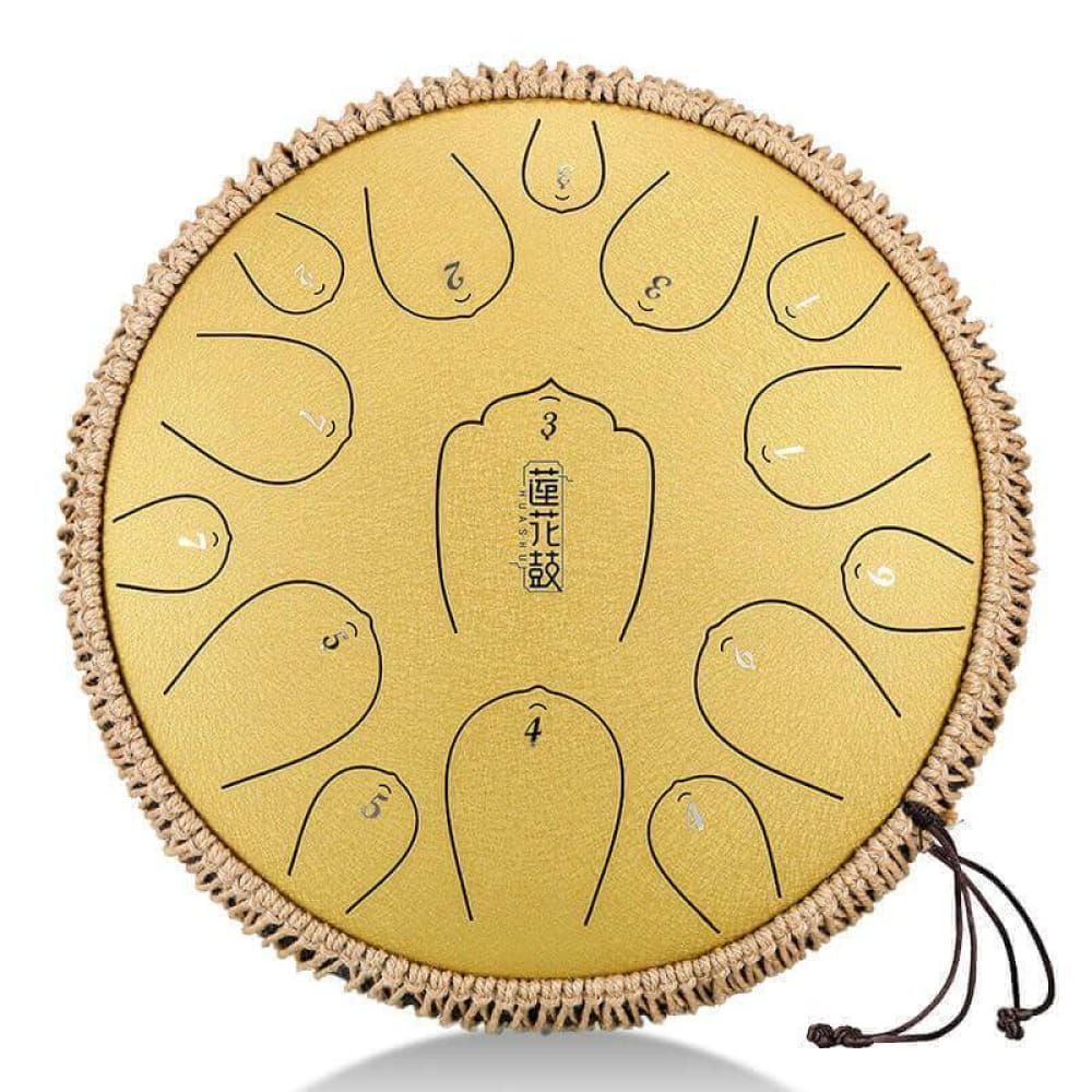 Circular yellow Carbon Steel tongue drum with 15 notes in C key and decorative fringe