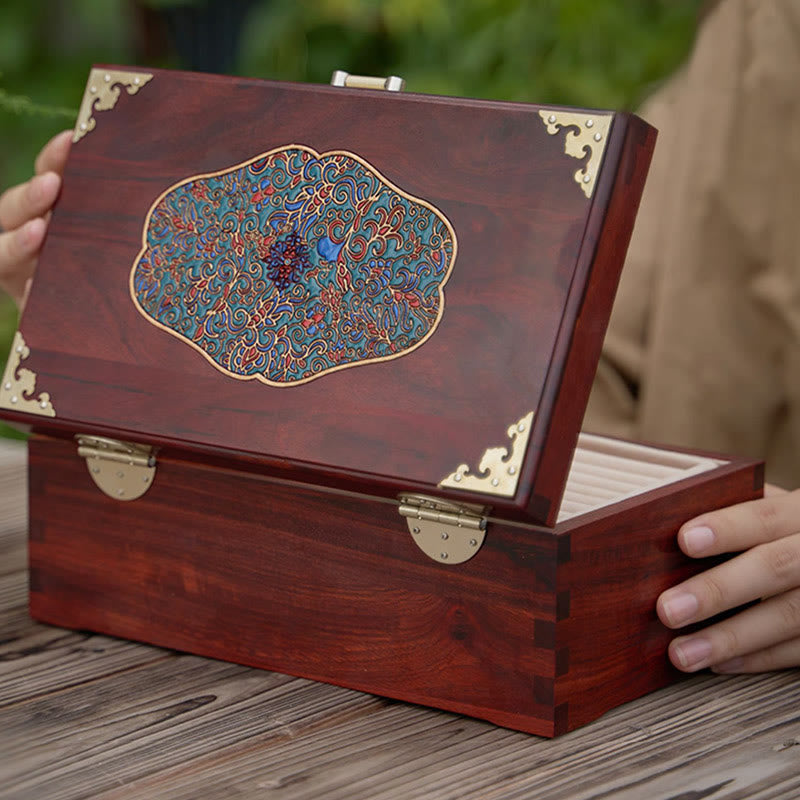 Coffret de rangement pour bijoux fait main en bois de santal rouge antique et palissandre