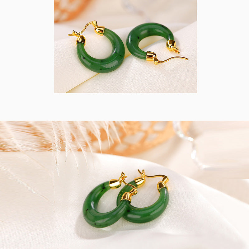 Boucles d'oreilles pendantes porte-bonheur en jade cyan Hetian plaqué or 23 mm