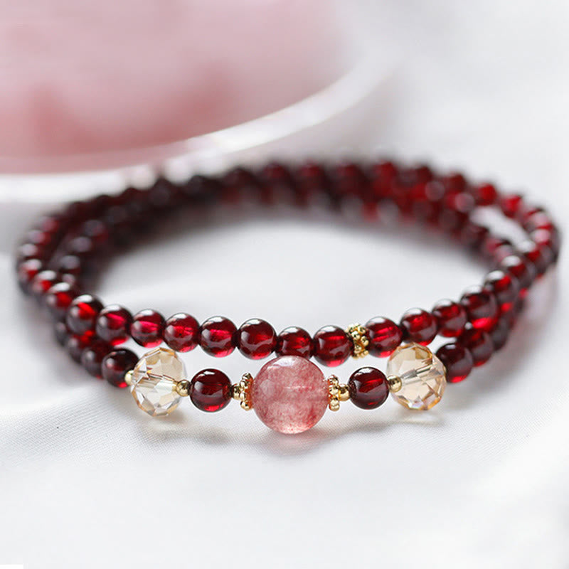 Bracelet de stabilité en or 14 carats, grenat et quartz fraise