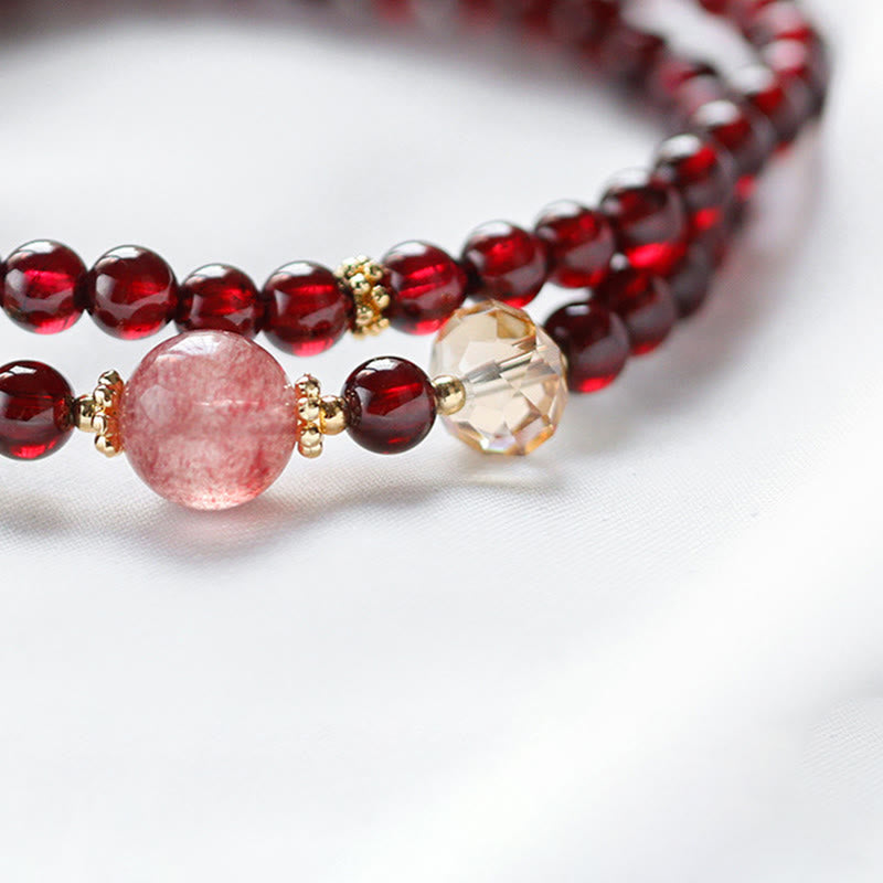 Bracelet de stabilité en or 14 carats, grenat et quartz fraise