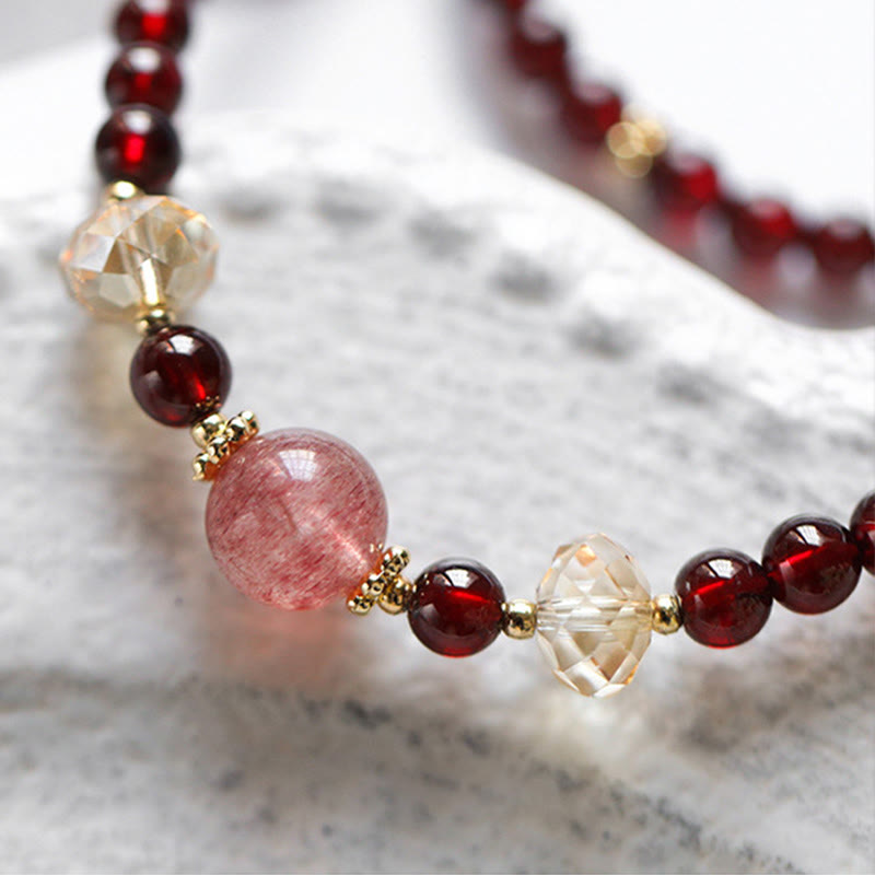 Bracelet de stabilité en or 14 carats, grenat et quartz fraise