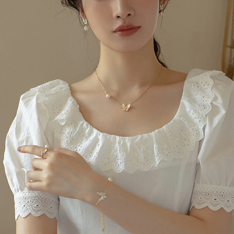 Parure de bijoux papillon Tridacna en or 14 carats et perles - Bague, collier et boucles d'oreilles