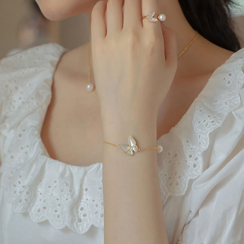 Parure de bijoux papillon Tridacna en or 14 carats et perles - Bague, collier et boucles d'oreilles