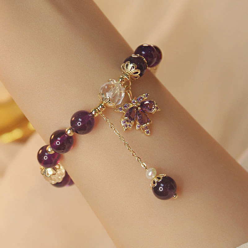 Bracelet de guérison en améthyste plaqué or 14 carats avec breloque feuille d'érable