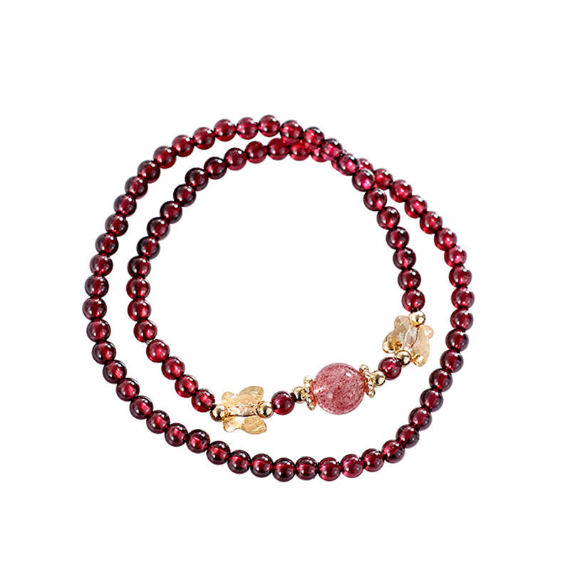 Bracelet double tour en quartz fraise et grenat plaqué or 14 carats