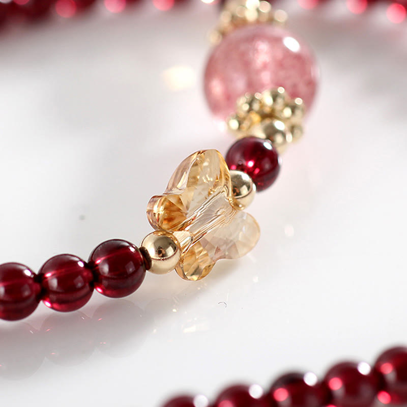 Bracelet double tour en quartz fraise et grenat plaqué or 14 carats