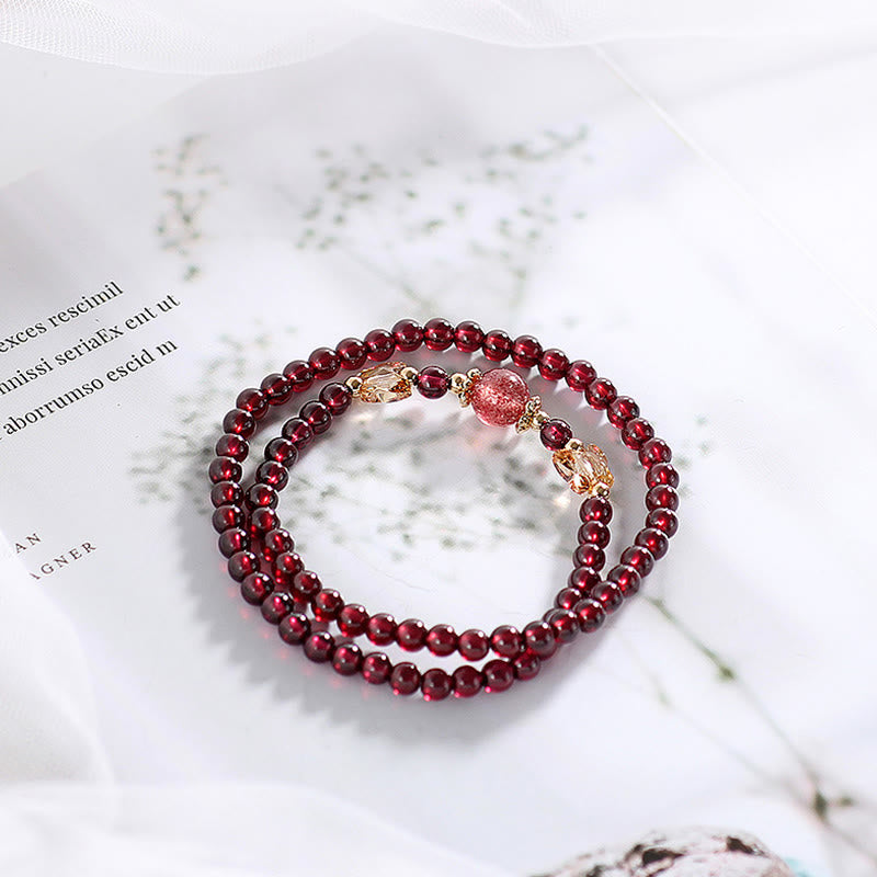 Bracelet double tour en quartz fraise et grenat plaqué or 14 carats