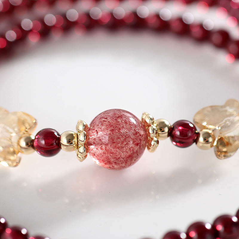 Bracelet double tour en quartz fraise et grenat plaqué or 14 carats