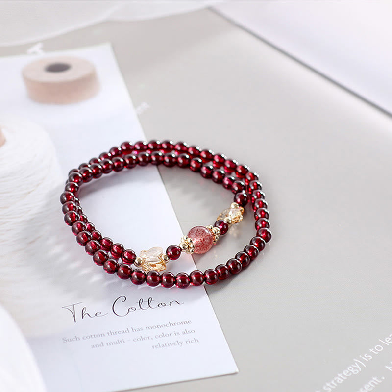 Bracelet double tour en quartz fraise et grenat plaqué or 14 carats