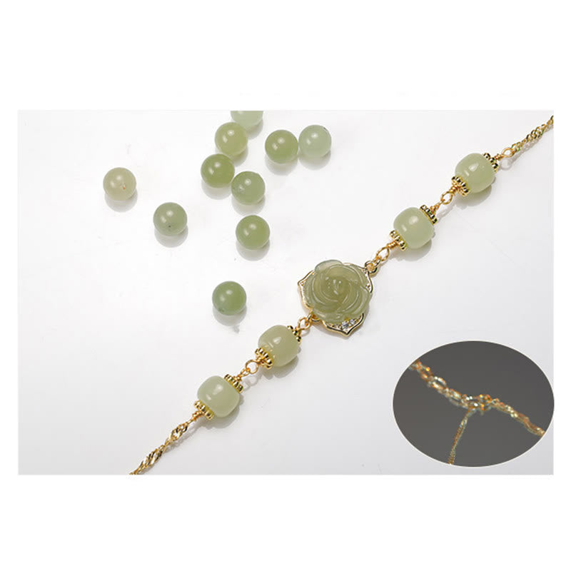 Bracelet porte-bonheur en jade Hetian plaqué or 14 carats avec fleur de rose