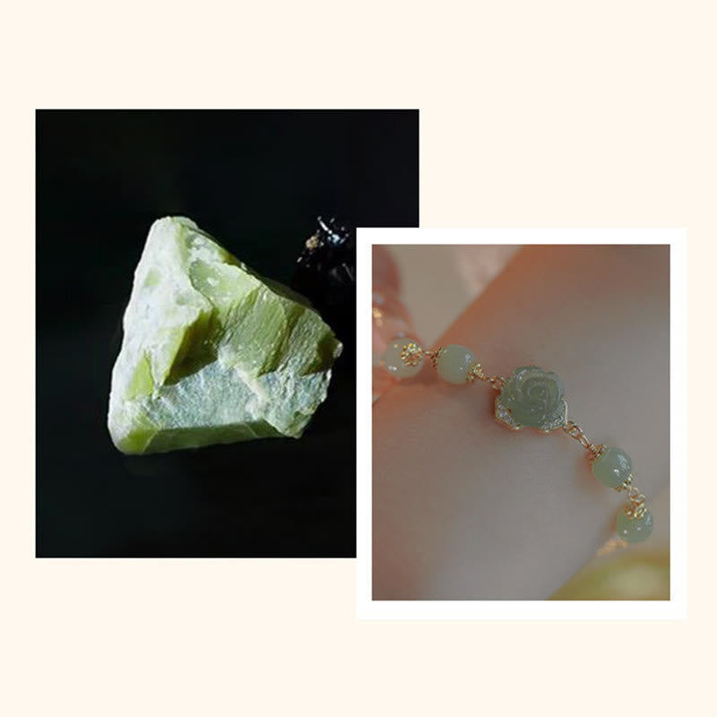 Bracelet porte-bonheur en jade Hetian plaqué or 14 carats avec fleur de rose