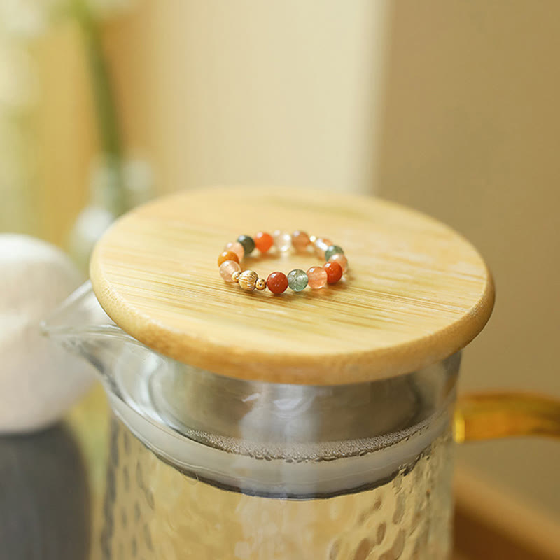 Bague Fu Lu Shou en pierre de lune pêche plaquée or 14 carats pour le bonheur