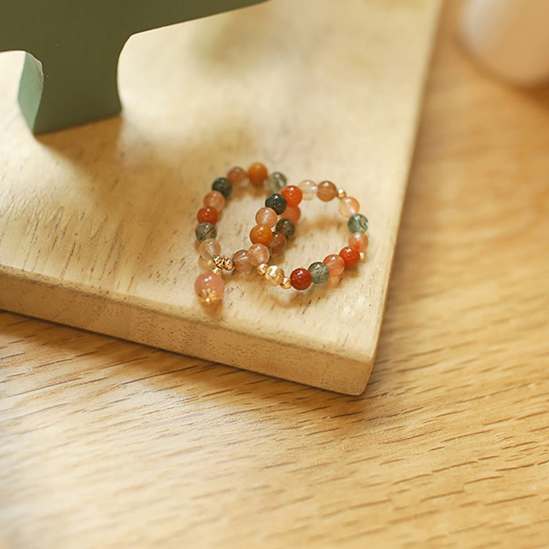 Bague Fu Lu Shou en pierre de lune pêche plaquée or 14 carats pour le bonheur