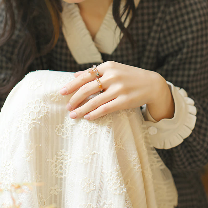Bague Fu Lu Shou en pierre de lune pêche plaquée or 14 carats pour le bonheur