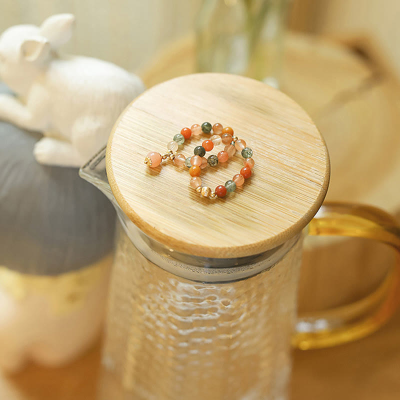 Bague Fu Lu Shou en pierre de lune pêche plaquée or 14 carats pour le bonheur