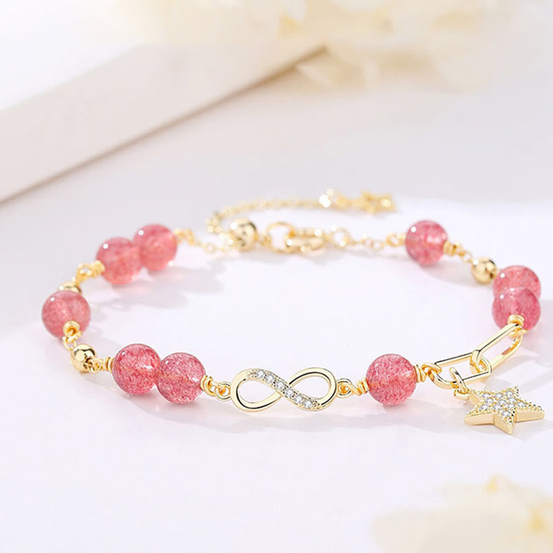Bracelet Amour éternel en quartz fraise plaqué or 14 carats