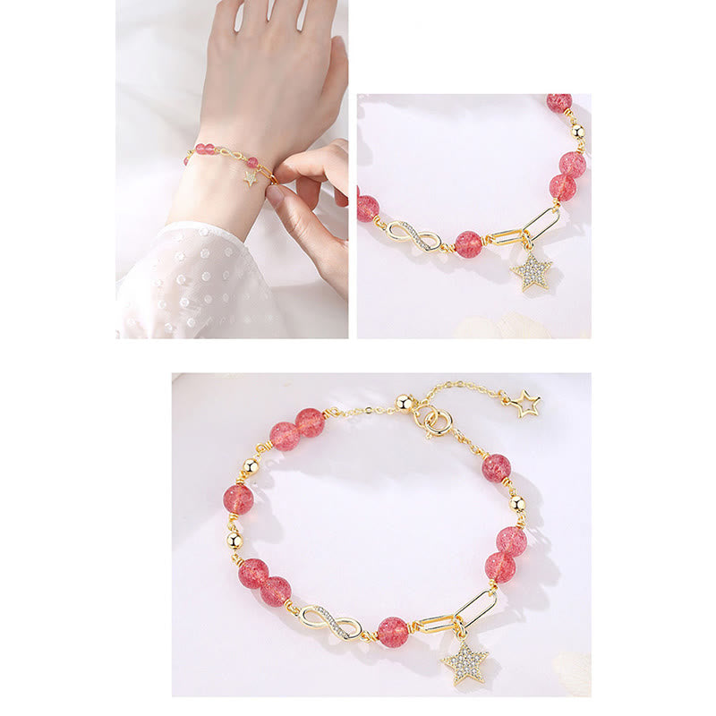 Bracelet Amour éternel en quartz fraise plaqué or 14 carats