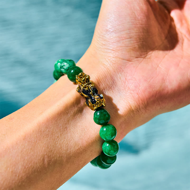 Bracelet de protection PiXiu en jade cyan de 14 mm pour la richesse
