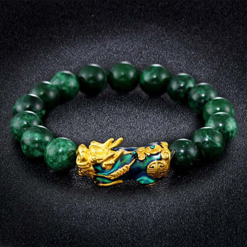 Bracelet de protection PiXiu en jade cyan de 14 mm pour la richesse