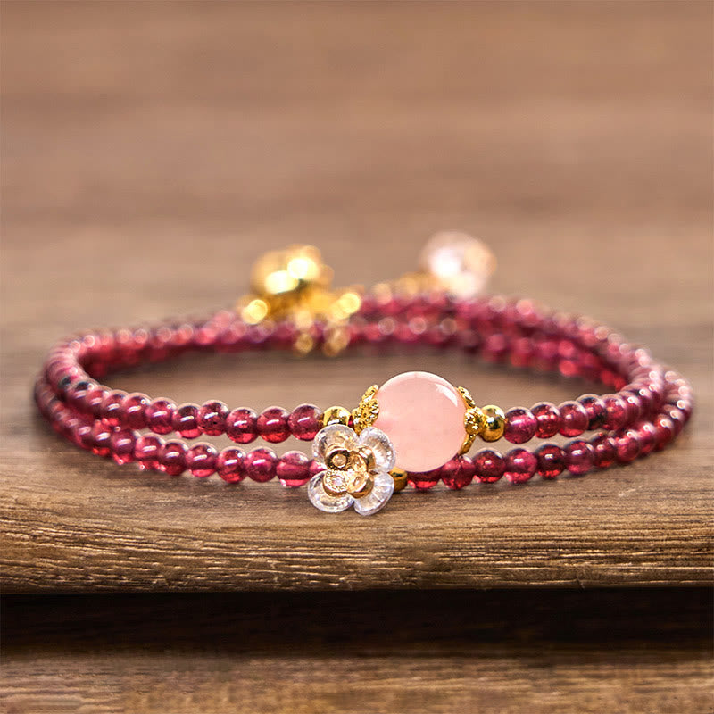 Bracelet double tour calme en grenat rose et cristal 15-16 cm