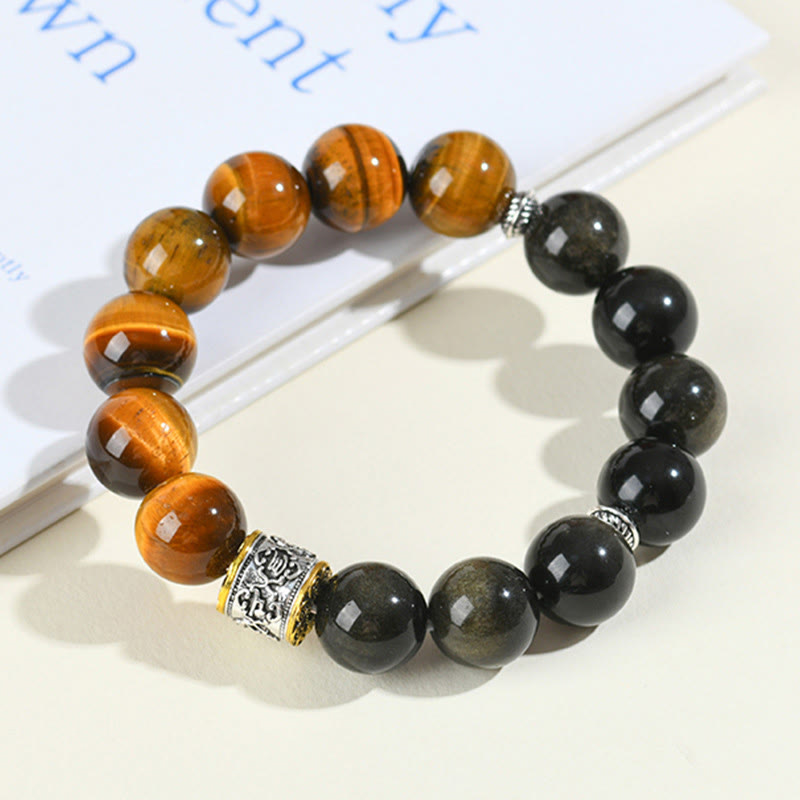 Bracelet en obsidienne dorée et œil de tigre Om Mani Padme Hum de 15 à 17 cm