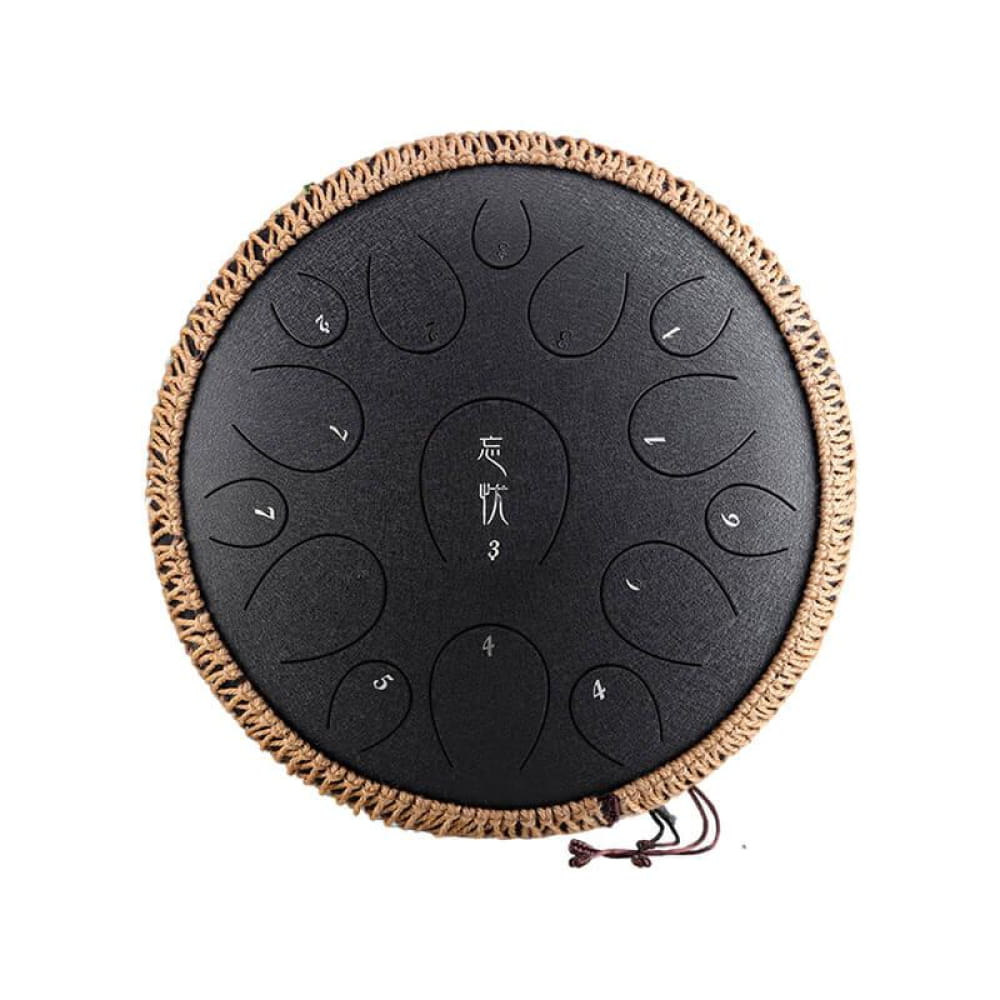 Black steel tongue drum with woven rope border in 15-Note C Major 14 Inch design