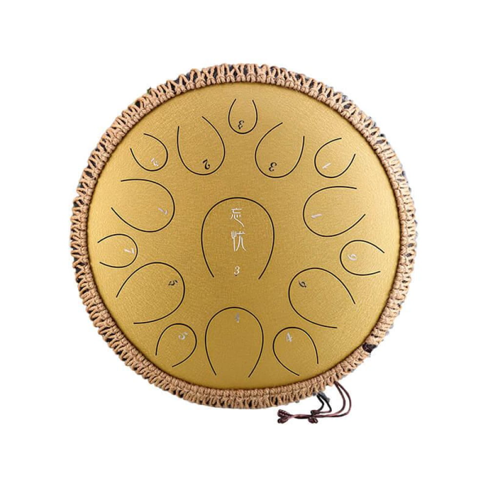 Golden 14-inch Carbon Steel Tongue Drum with 15 notes and teardrop tone marks